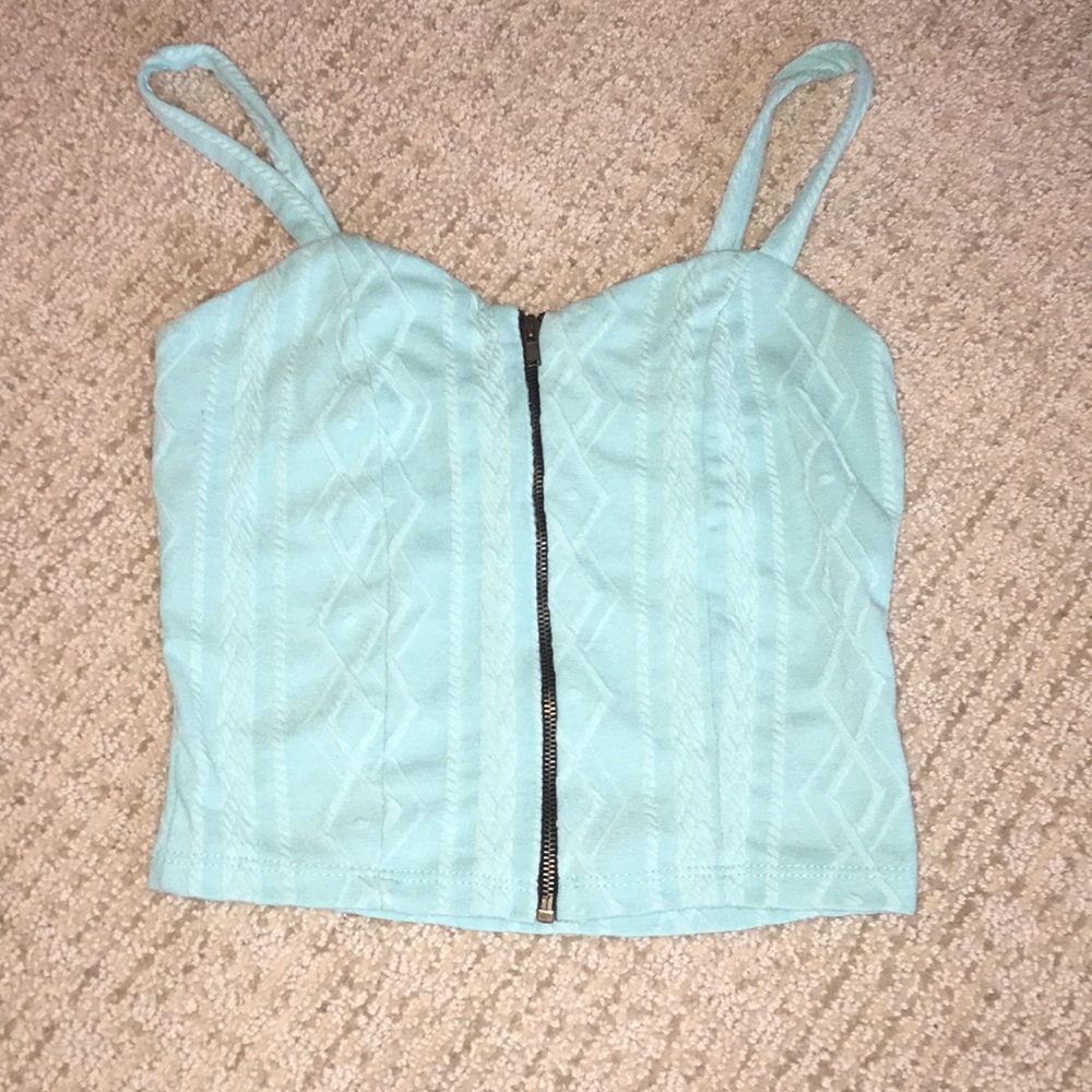 Size XS zip front teal crop top